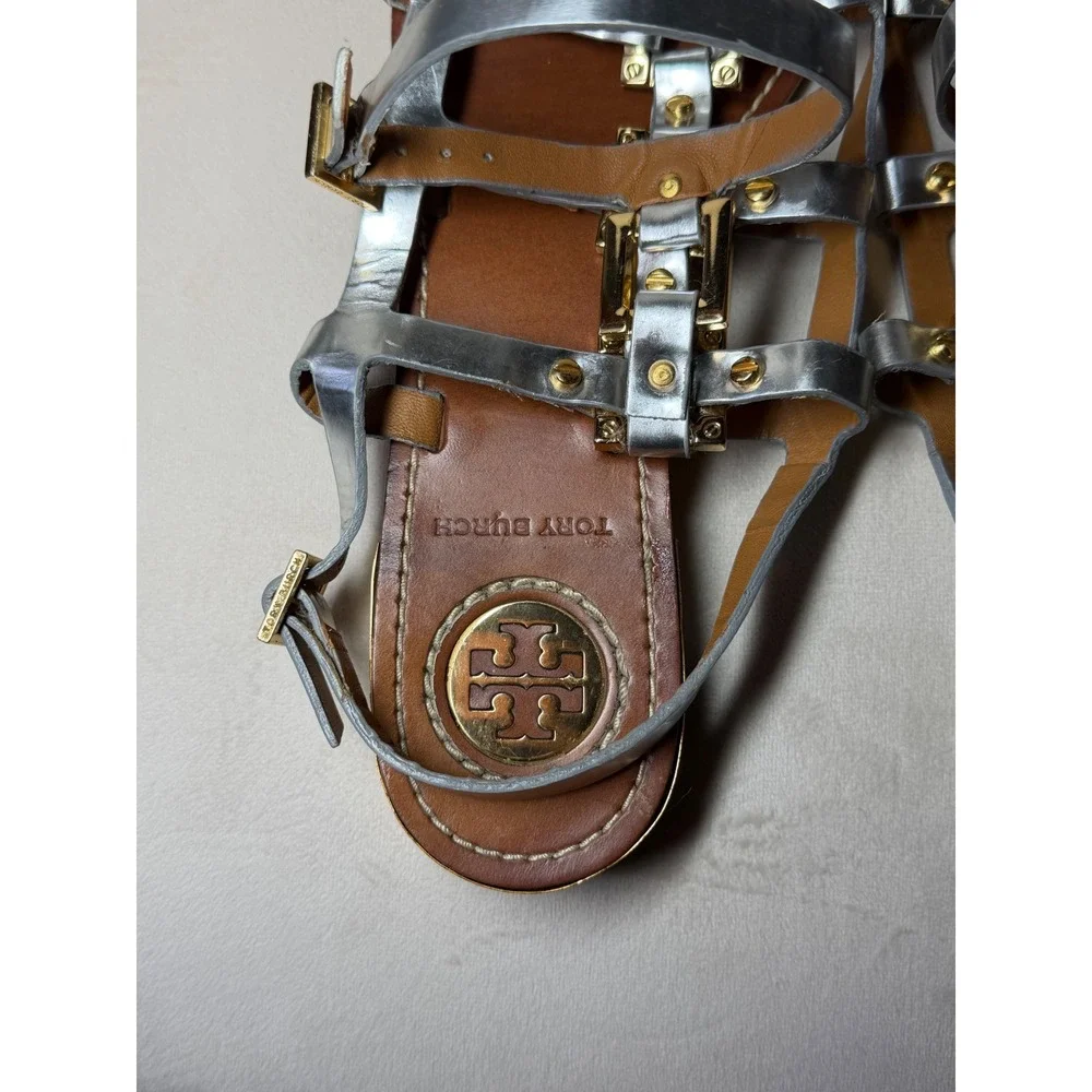 Tory Burch Metallic Silver Leather Gladiator Sandals Gold Hardware Womens Size 8